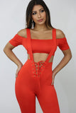 tangerine suspender jumpsuit & cropped top