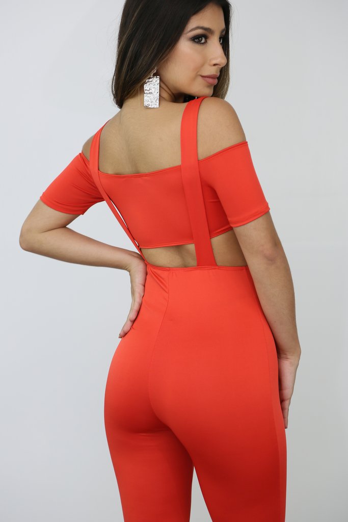 tangerine suspender jumpsuit & cropped top