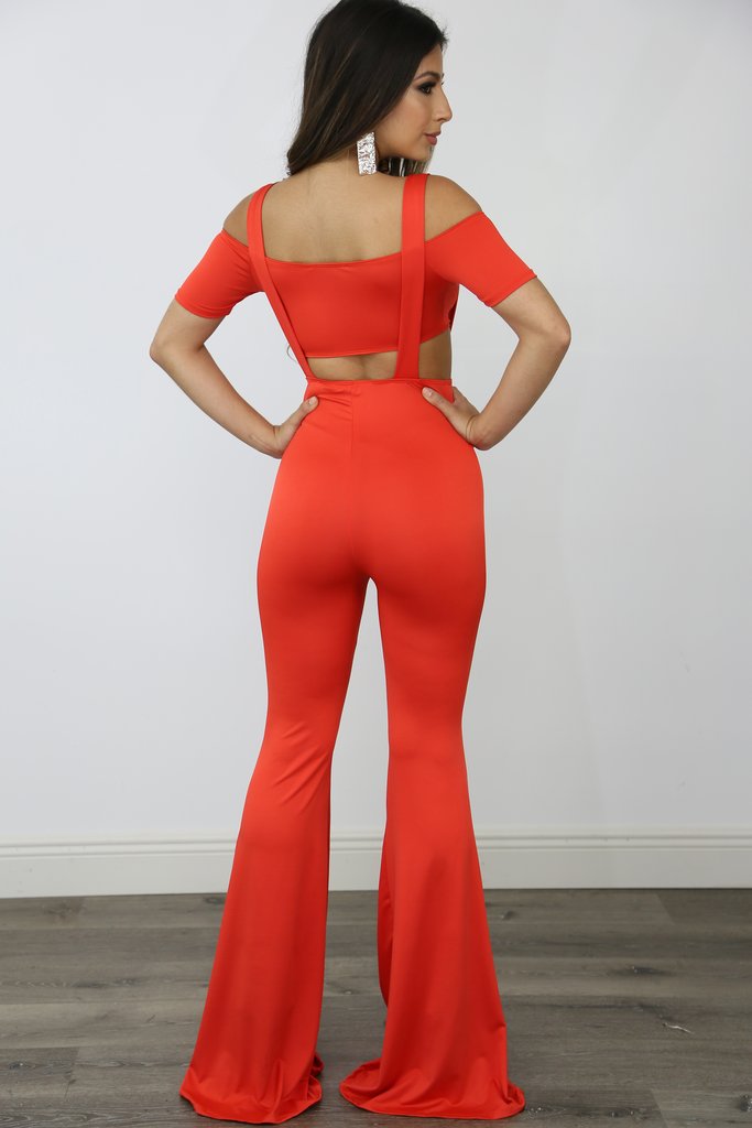 tangerine suspender jumpsuit & cropped top