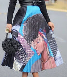 black woman face print pleated skirt