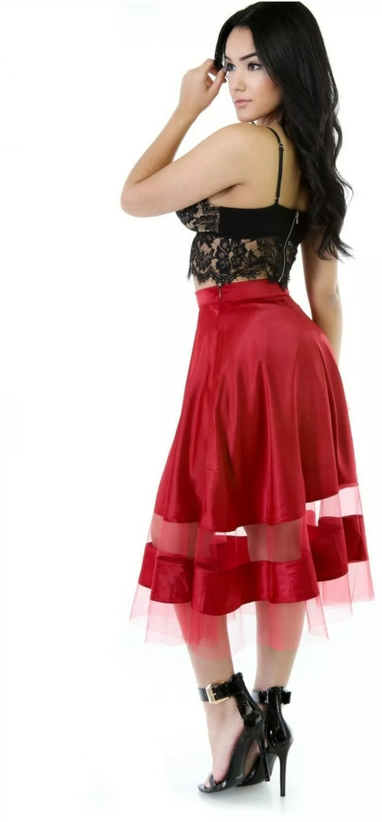 red sheer flare skirt