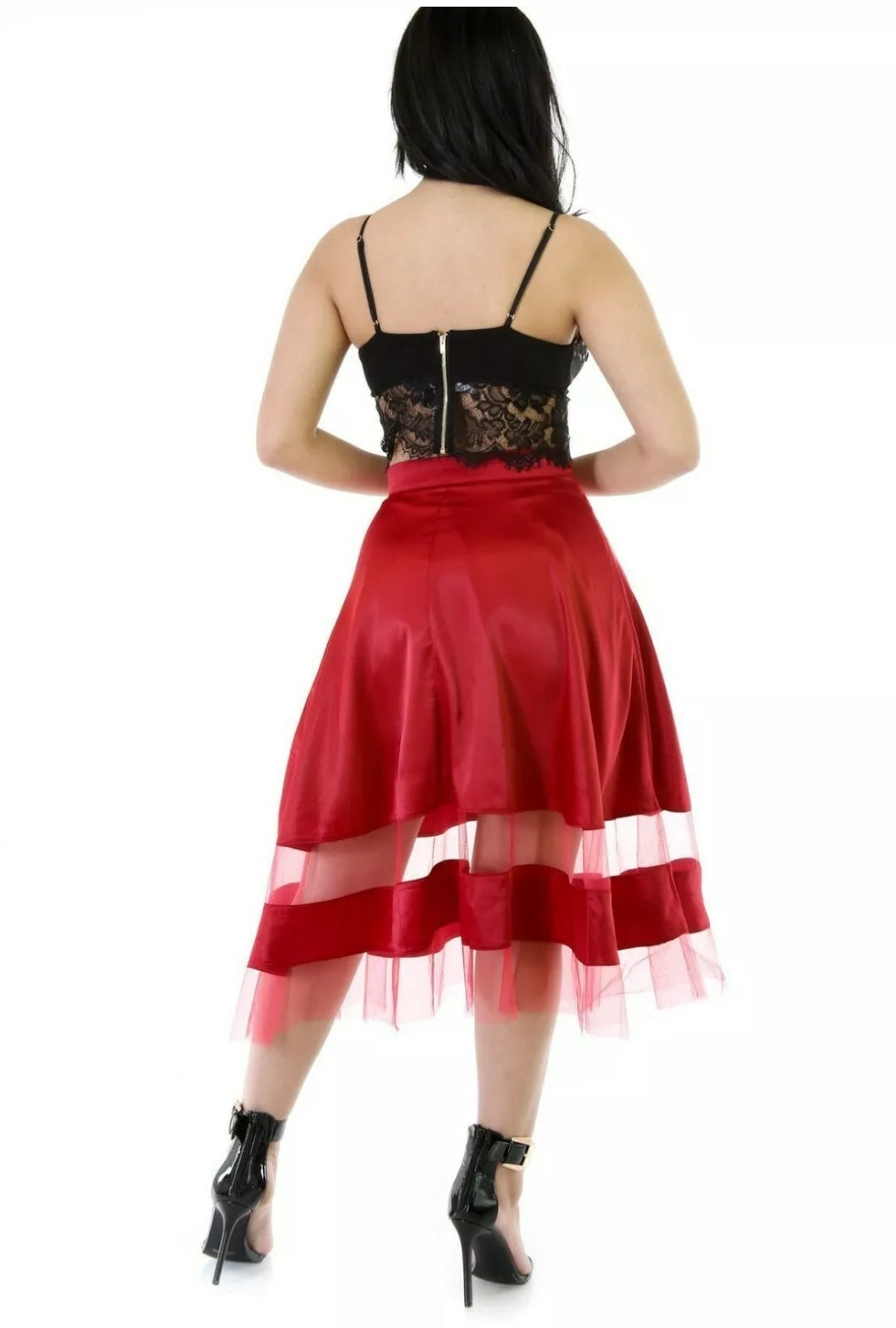 red sheer flare skirt