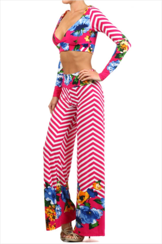sexy diva chevron & floral print wide leg pants (free top)