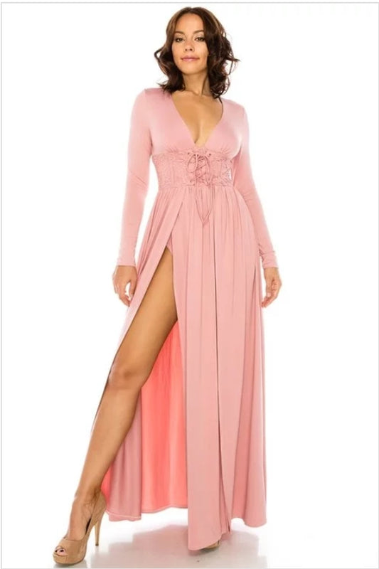 double slit mauve laced front maxi dress