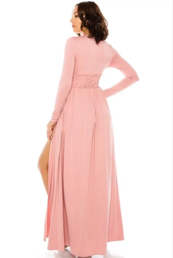 double slit mauve laced front maxi dress