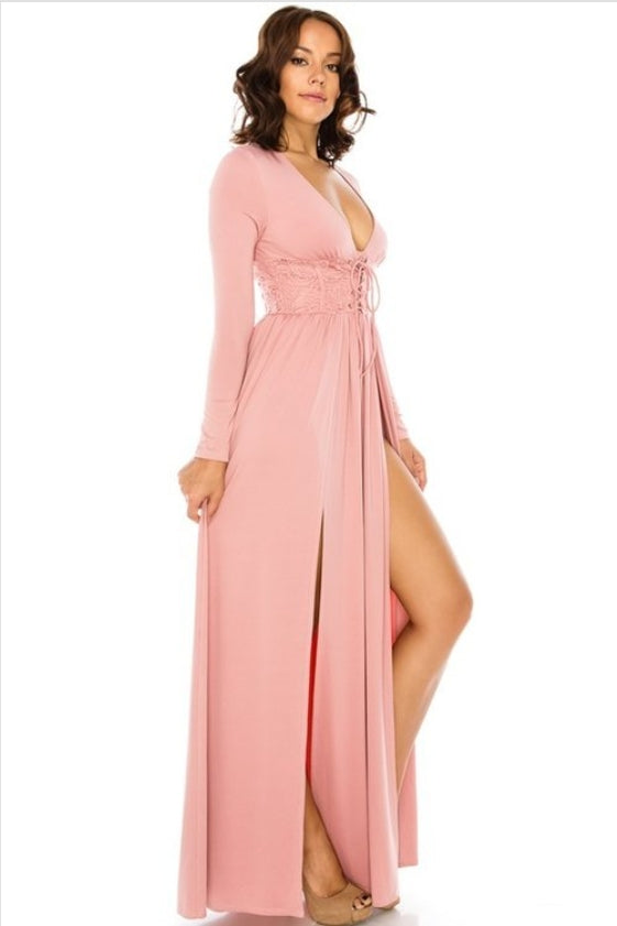double slit mauve laced front maxi dress