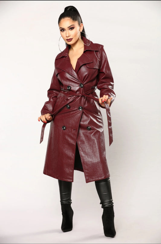 burgundy faux leather trench coat