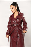 burgundy faux leather trench coat