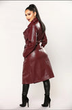 burgundy faux leather trench coat