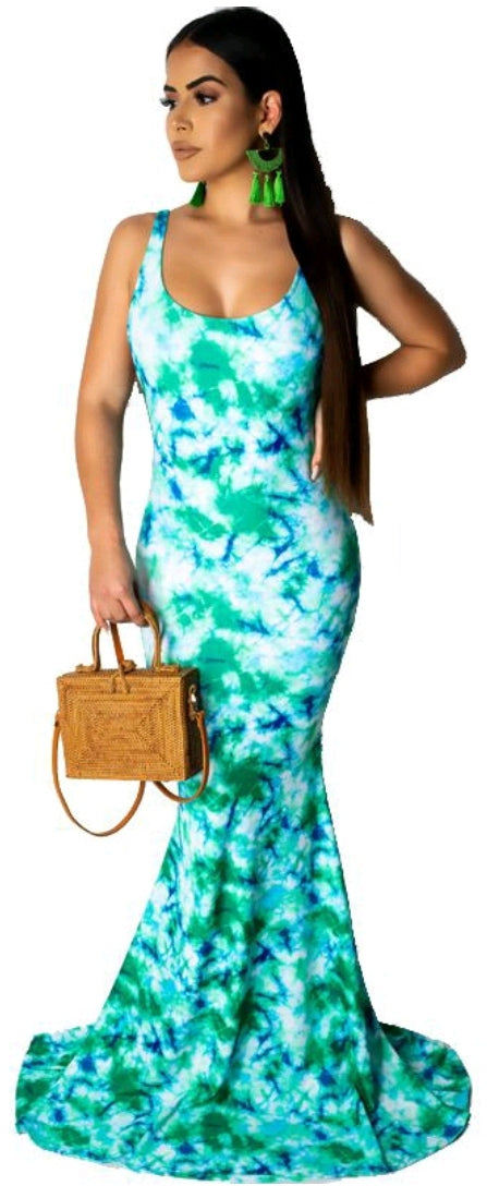 tie dye low back fish tailed maxi dress