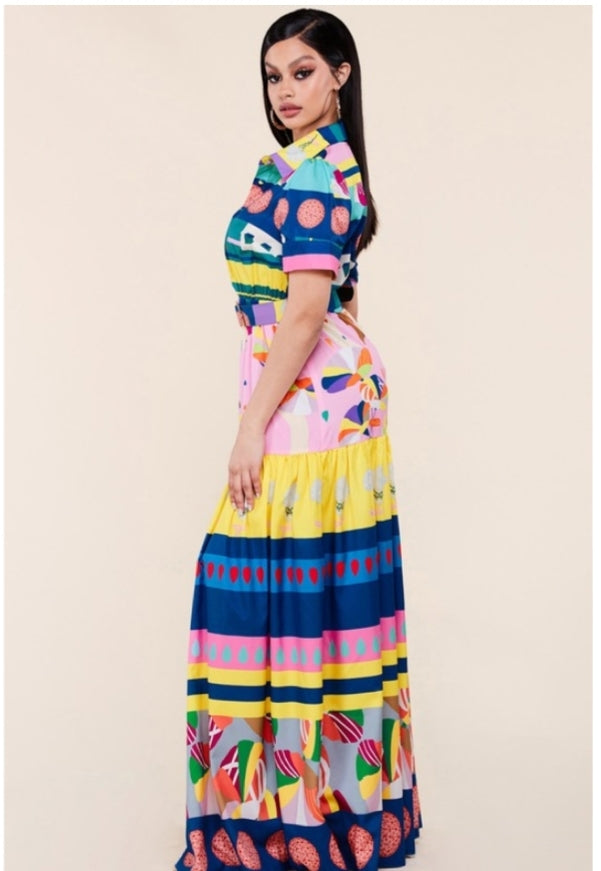 abstract print tiered maxi dress
