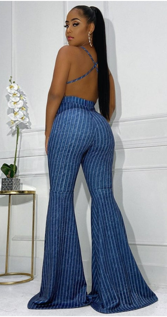 stretch denim criss cross back bell bottom jumpsuit