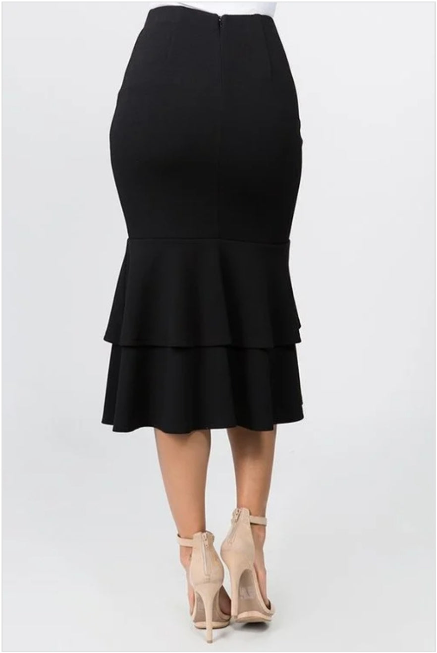 black tiered ruffled mermaid midi skirt