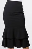 black tiered ruffled mermaid midi skirt