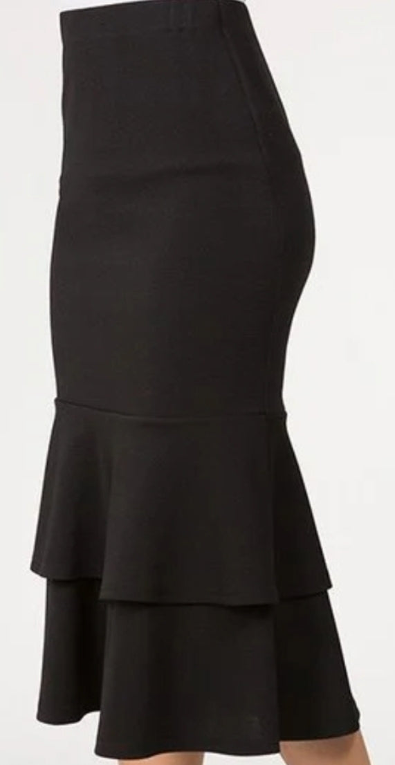 black tiered ruffled mermaid midi skirt