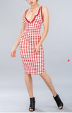 red gingham striped split neck dress