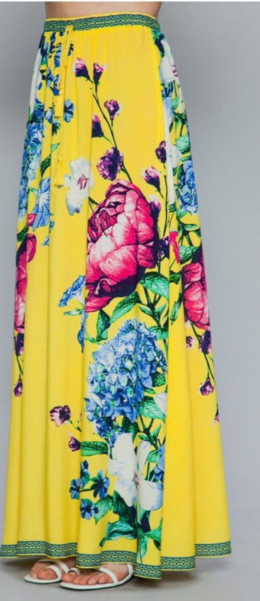 yellow floral printed tassel maxi skirt
