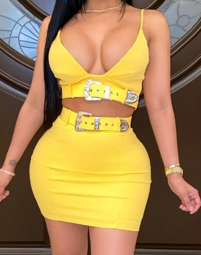 belted mini skirt set