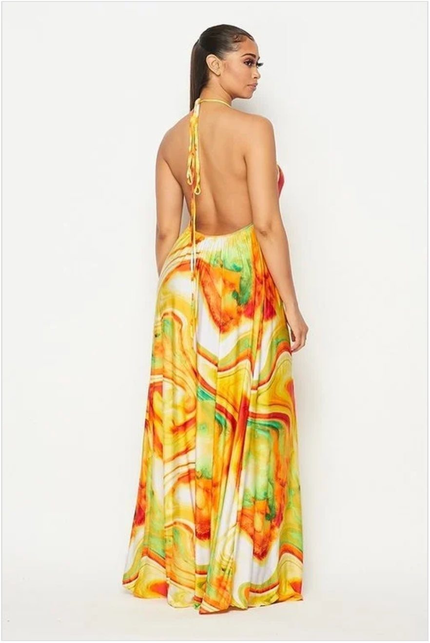 tangerine open back maxi dress