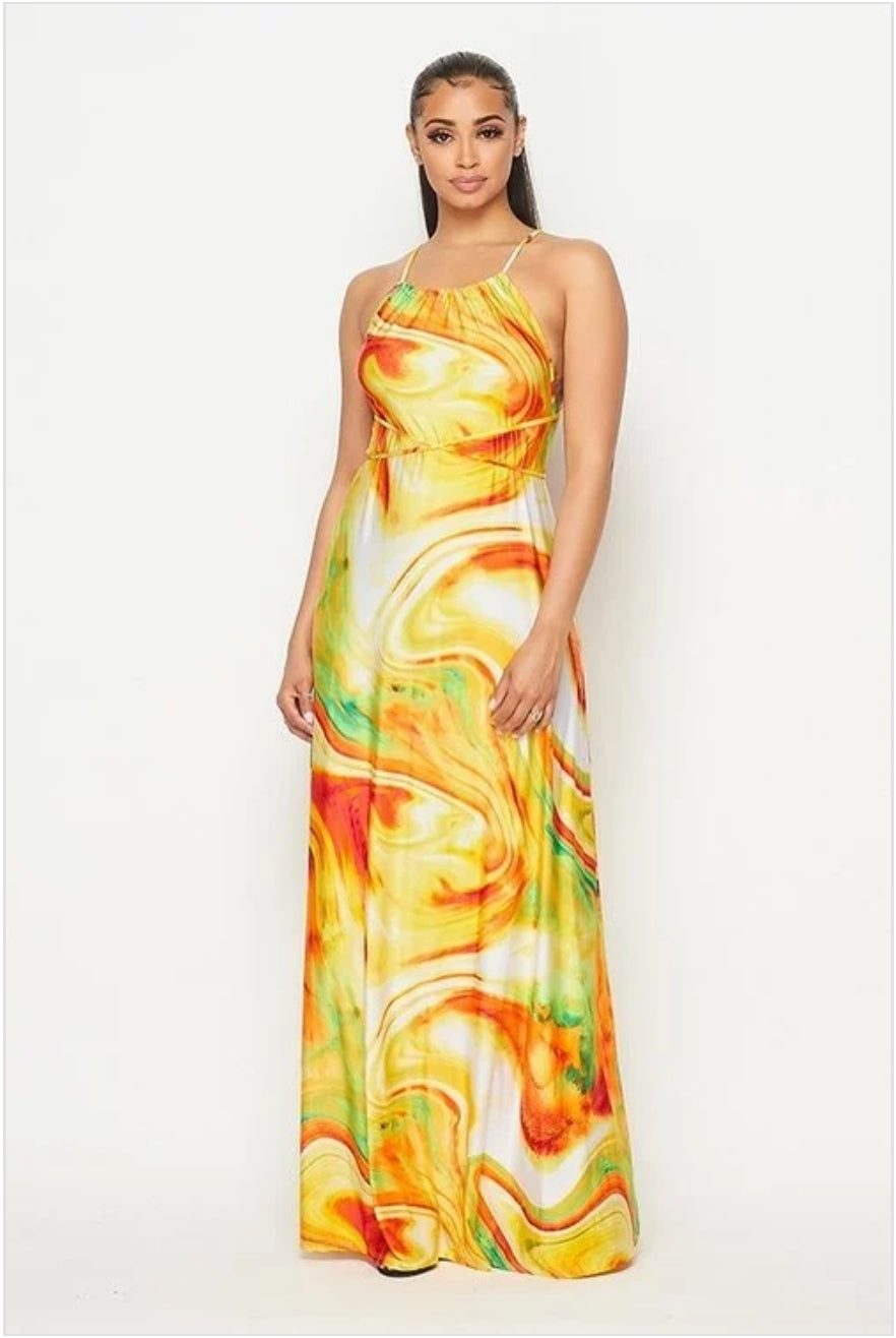 tangerine open back maxi dress