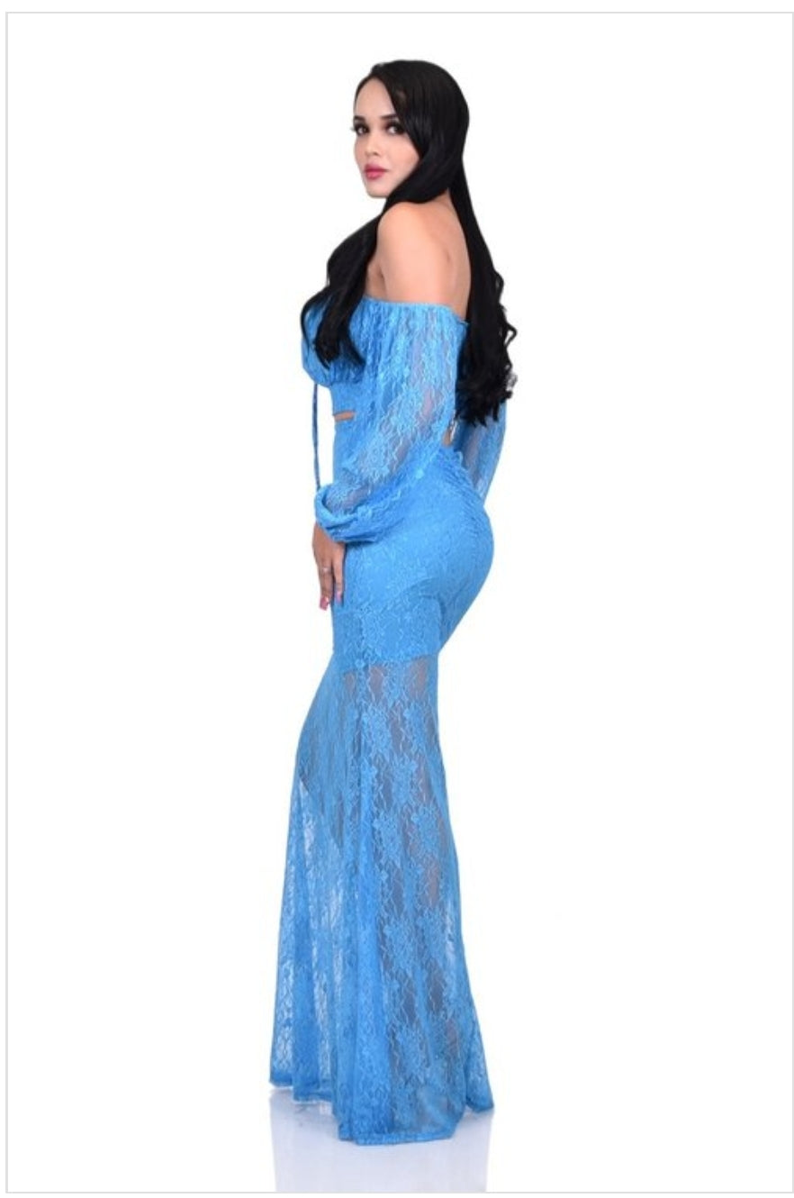 blue 2-piece long skirt & long sleeve cropped top