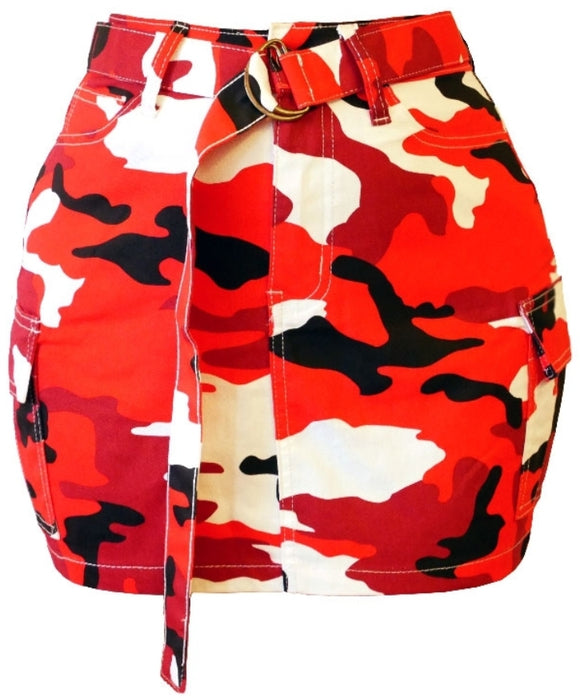 juniors belted red camo print cargo mini skirt