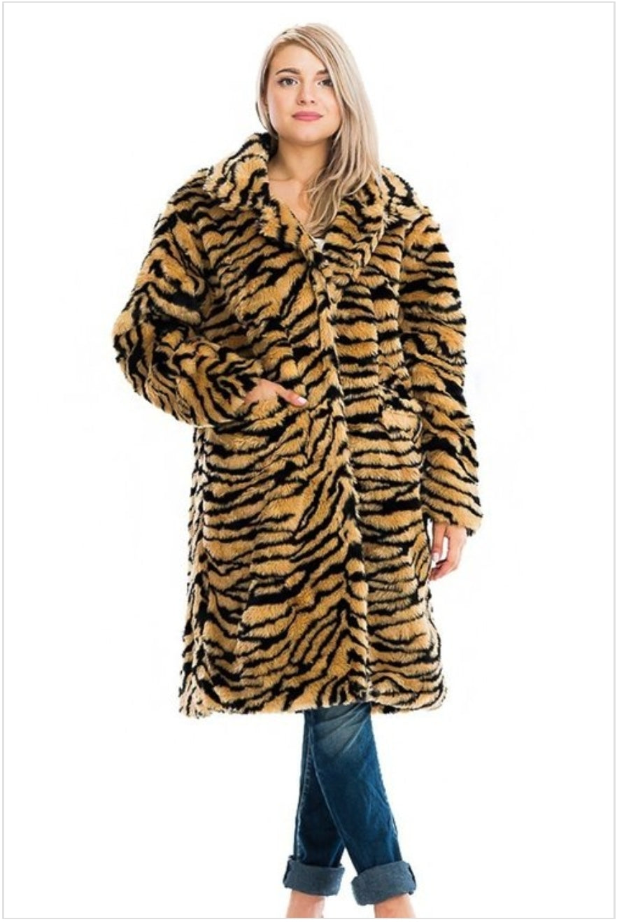 tiger print faux fur coat