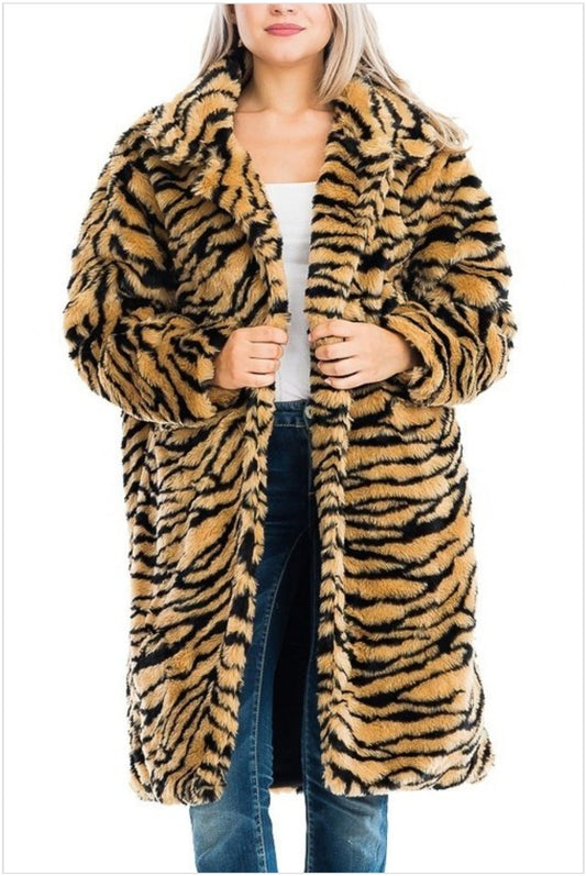 tiger print faux fur coat