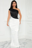 Formal Black & White Satin One Shoulder Maxi Dress