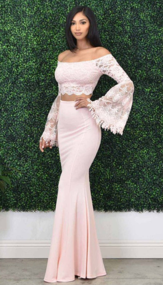 Blush Maxi Skirt & Lace Off Shoulder Bat Wing Top Formal Set