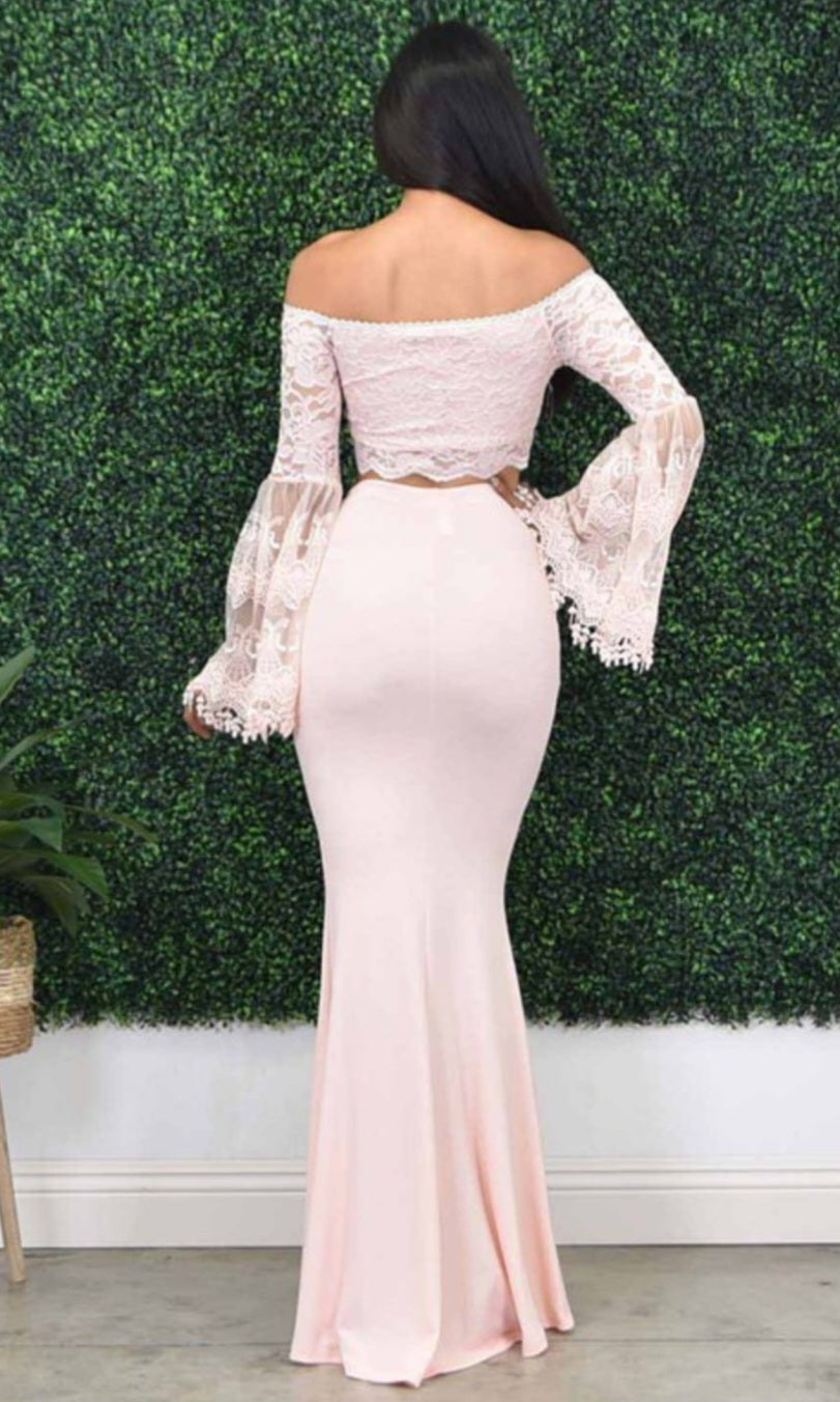 Blush Maxi Skirt & Lace Off Shoulder Bat Wing Top Formal Set