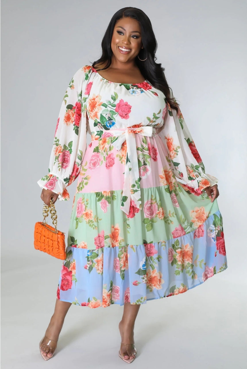 Plus Size Showered Flowers Tiered Off Shoulder Dress