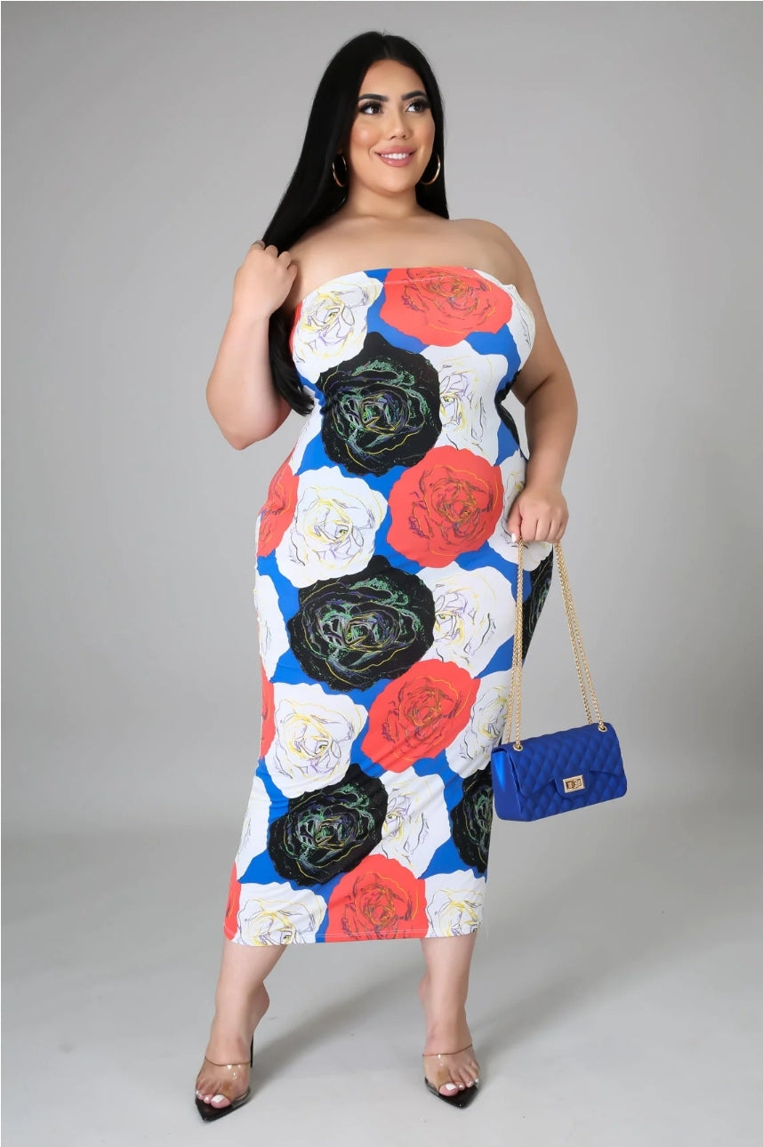 Three Roses Printed Plus Size Tube Dress