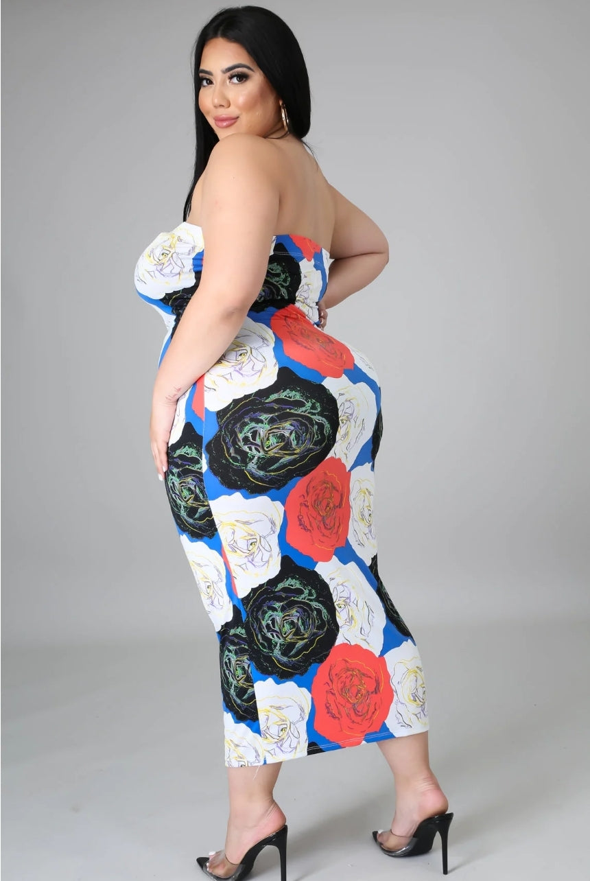 Three Roses Printed Plus Size Tube Dress