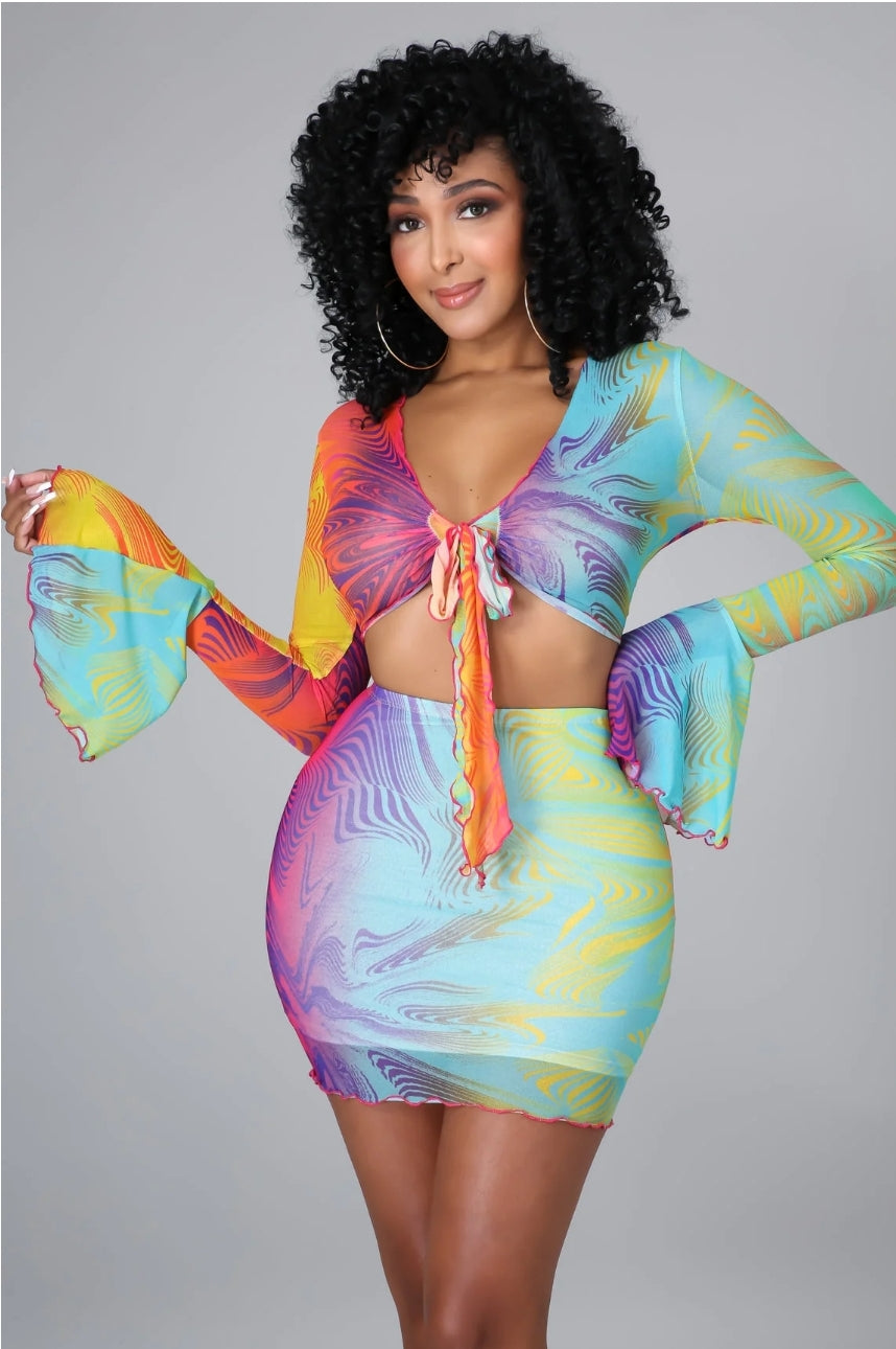 Multicolored Swirled Up Mini Skirt & Cropped Top Set