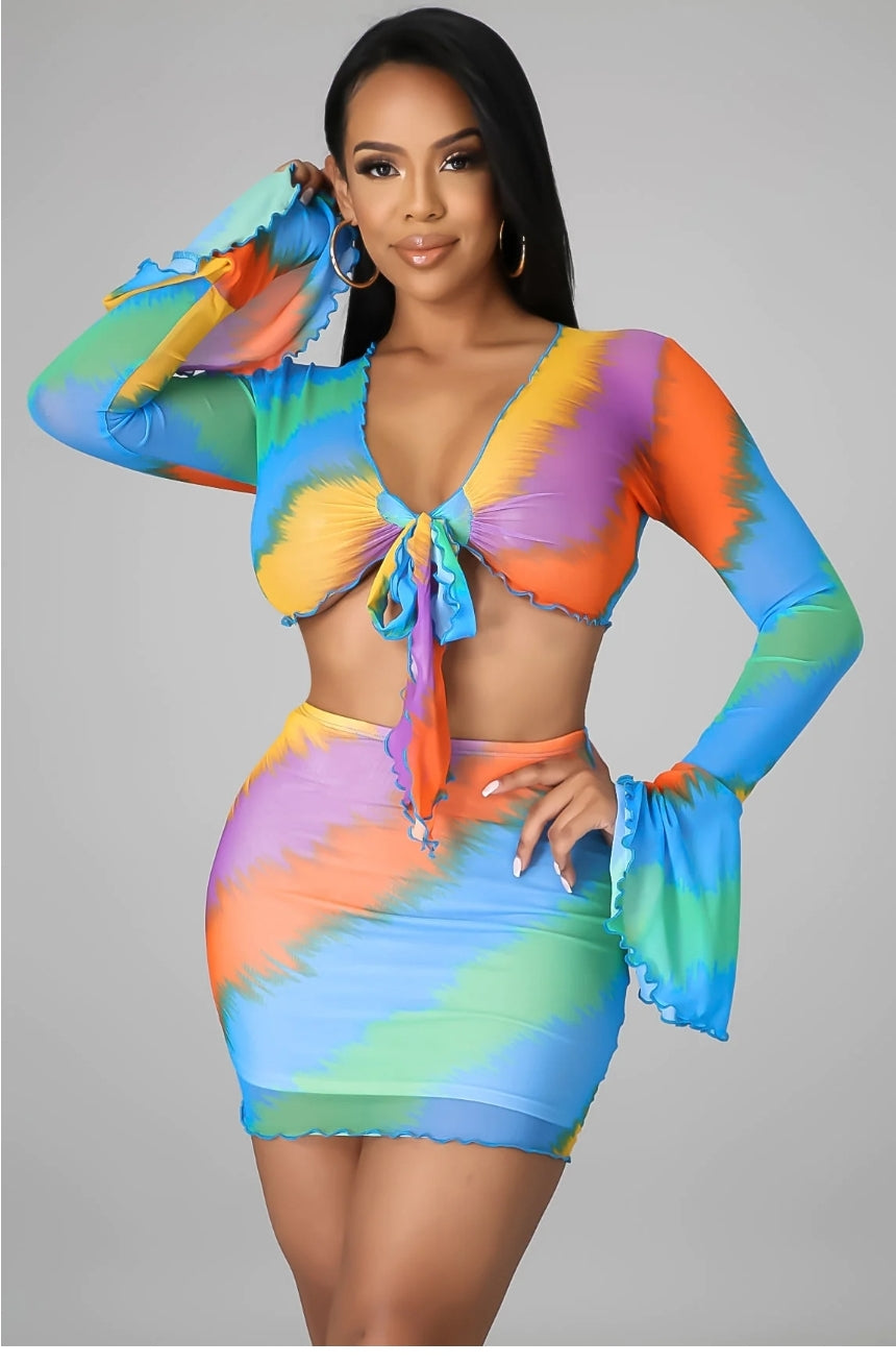 Multicolored Faded Up Mini Skirt & Cropped Top Set