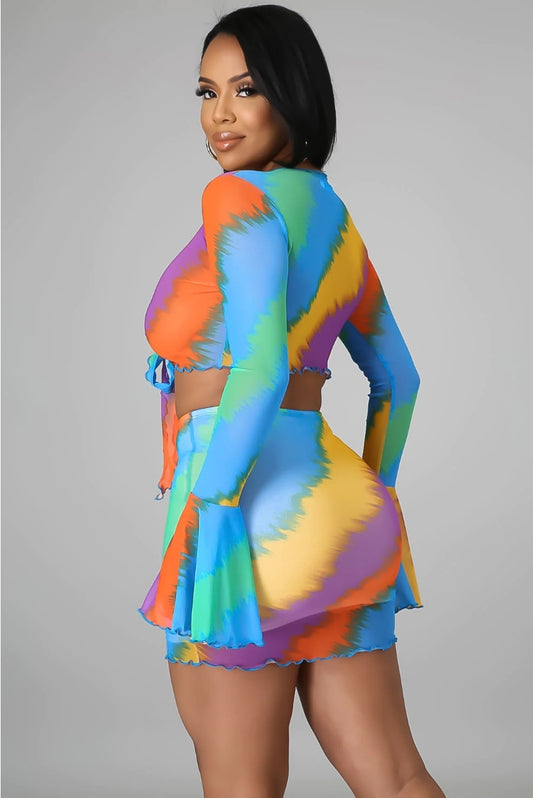 Multicolored Faded Up Mini Skirt & Cropped Top Set