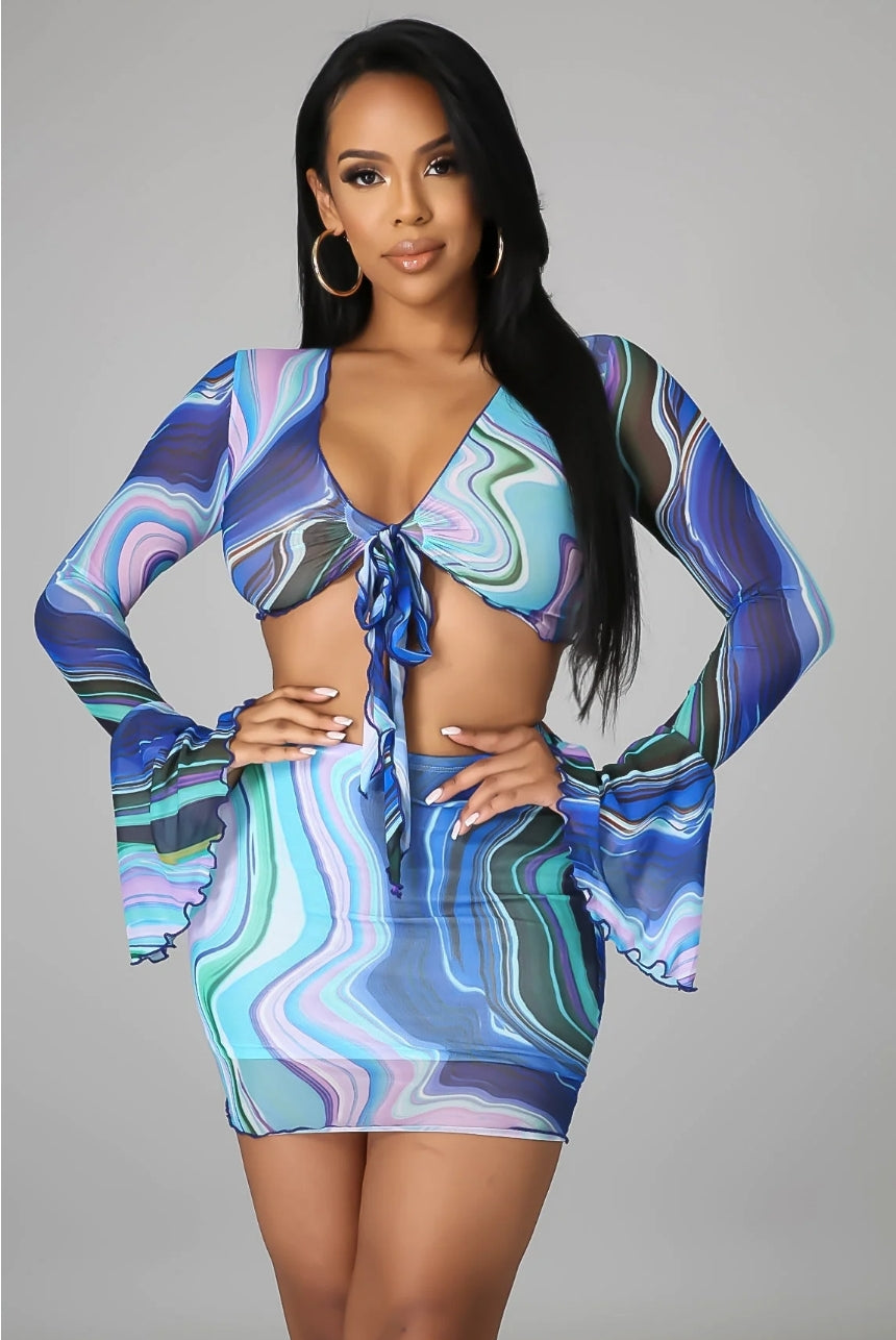 Blue/Green Mini Skirt & Cropped Top Set