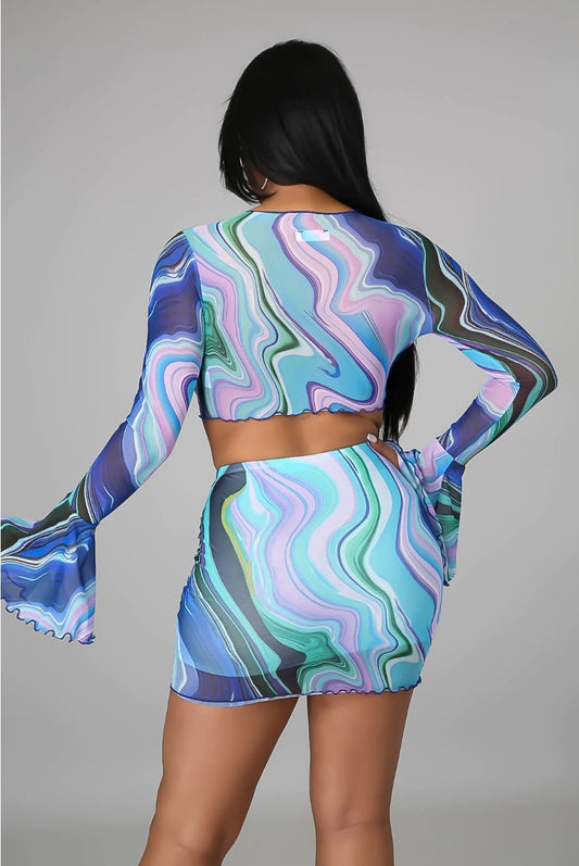 Blue/Green Mini Skirt & Cropped Top Set