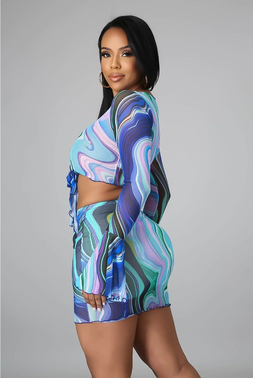 Blue/Green Mini Skirt & Cropped Top Set