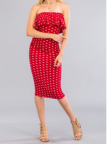 red & white polka dot ruffled tube dress
