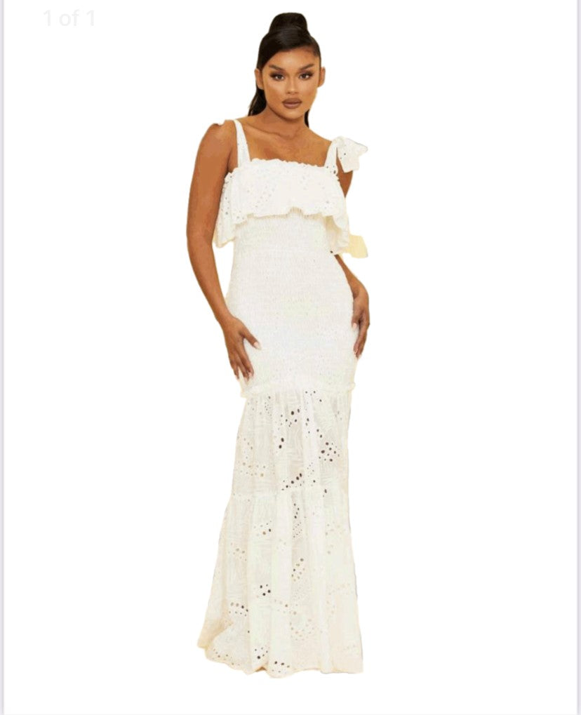 vacation white crochet ruffled bottom maxi dress