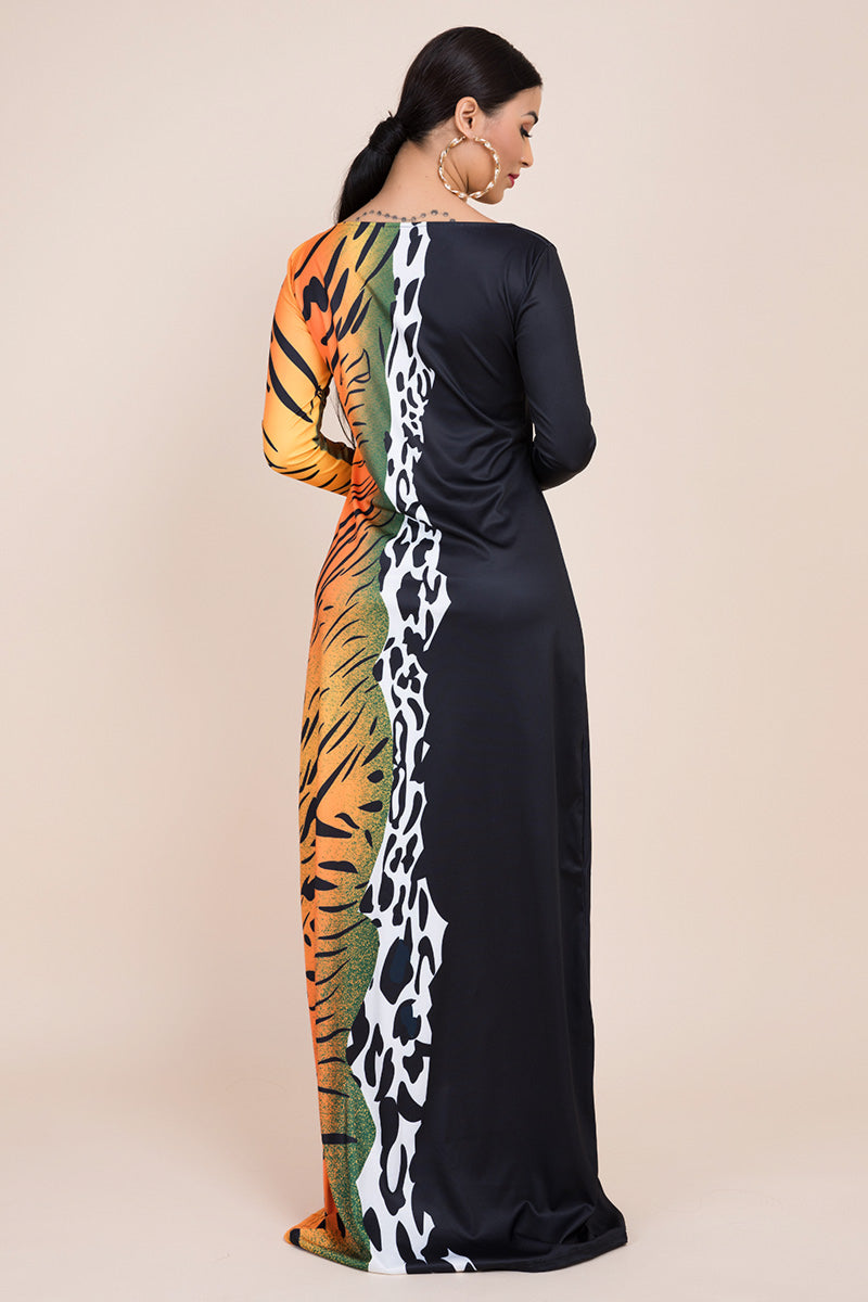 multi animal printed off shoulder maxi dress