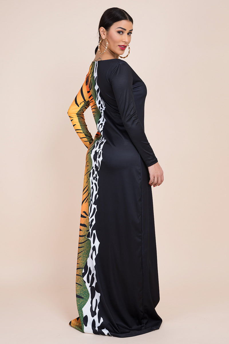 multi animal printed off shoulder maxi dress