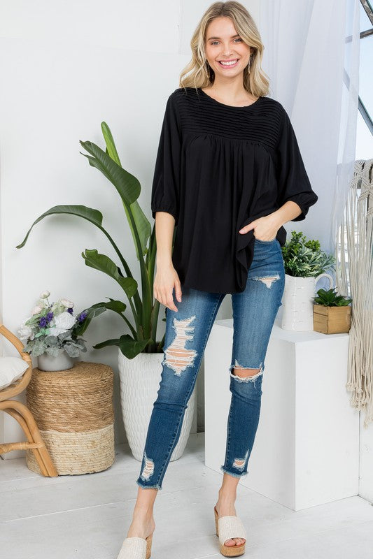 PLUS SIZE SOLID PINTUCK TUNIC BLOUSES