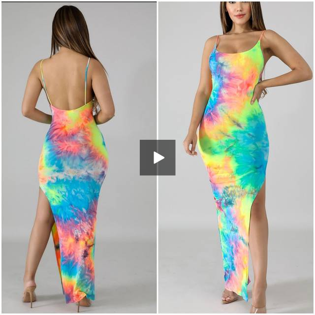 tie dye side slit maxi dress l