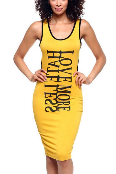 "love more hate less" word printed open back dress