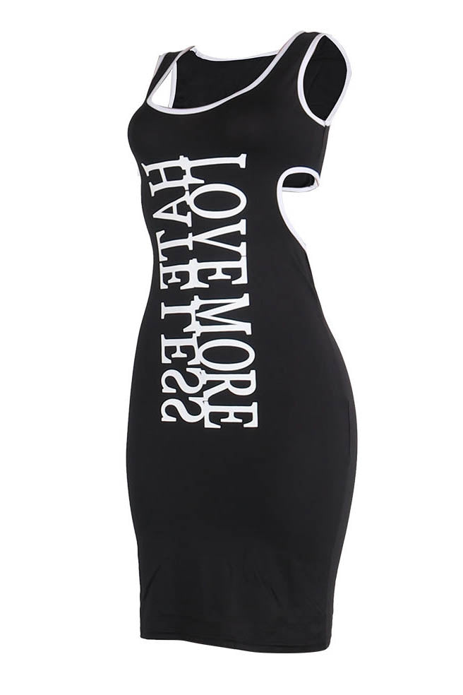 "love more hate less" word printed open back dress