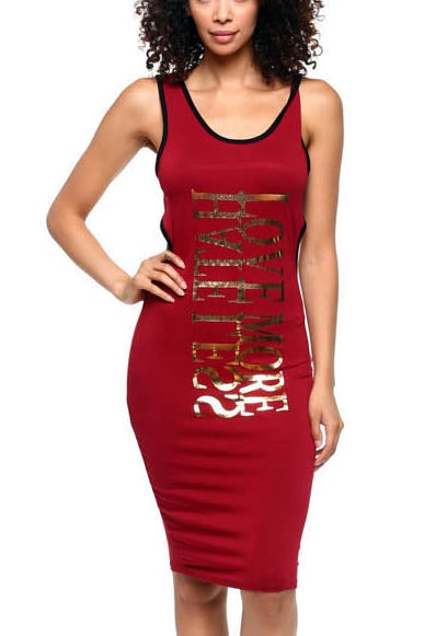 "love more hate less" word printed open back dress