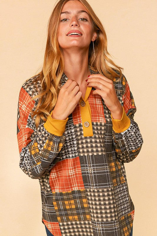 PLUS SIZE PLAID PATCHWORK BUTTON DOWN LOOSE FIT HOODIE